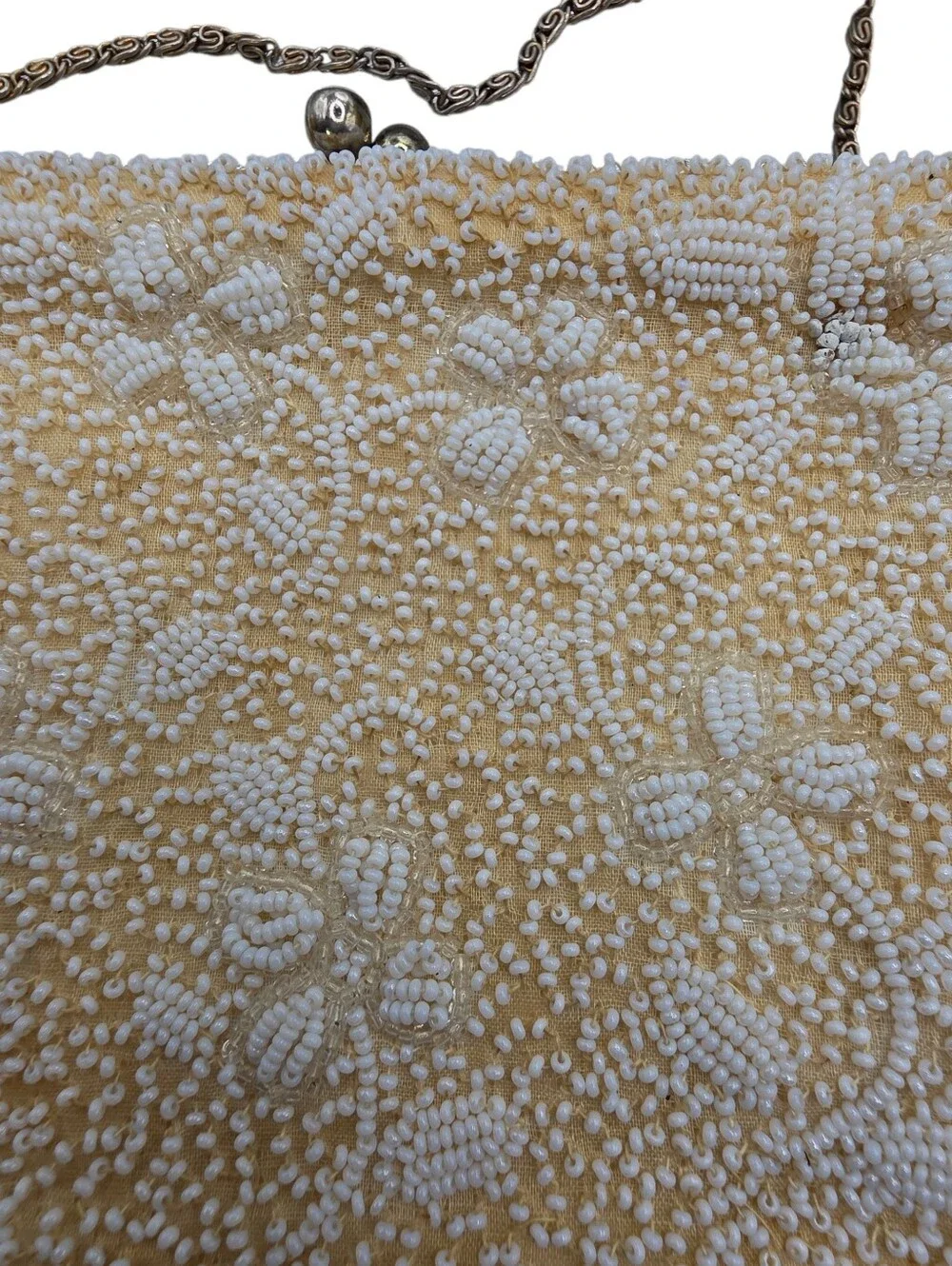 Beaded Floral Clutch Vintage Handbag Handbeaded White Beige Purse